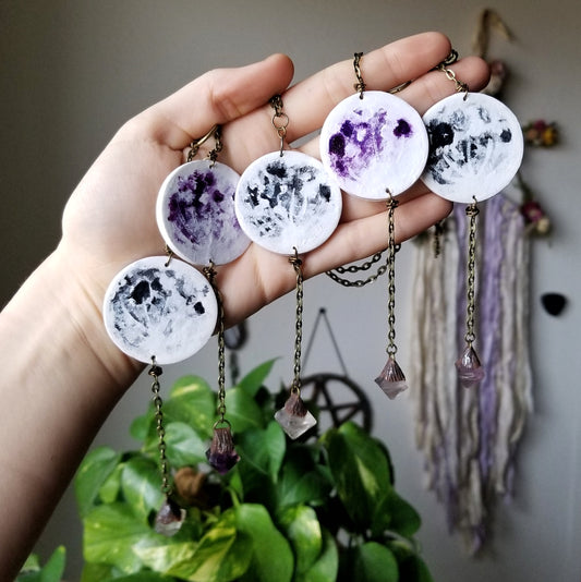 Reversible Mini Full Moon Car Charm with Fluorite Crystal