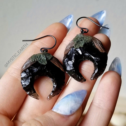 Obsidian Moon Earrings on Black 925 Silver