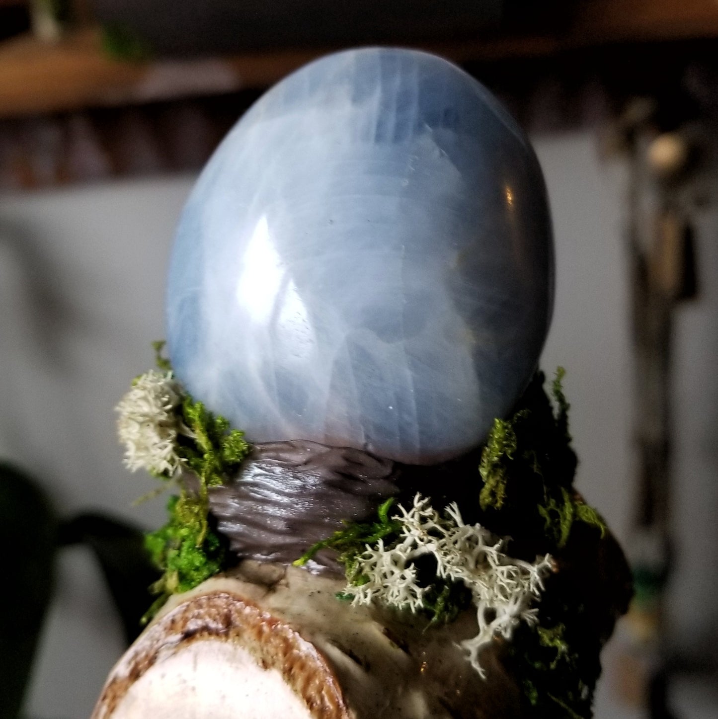 Green Lunar Witch Incense Burner with Blue Calcite and Aquamarine