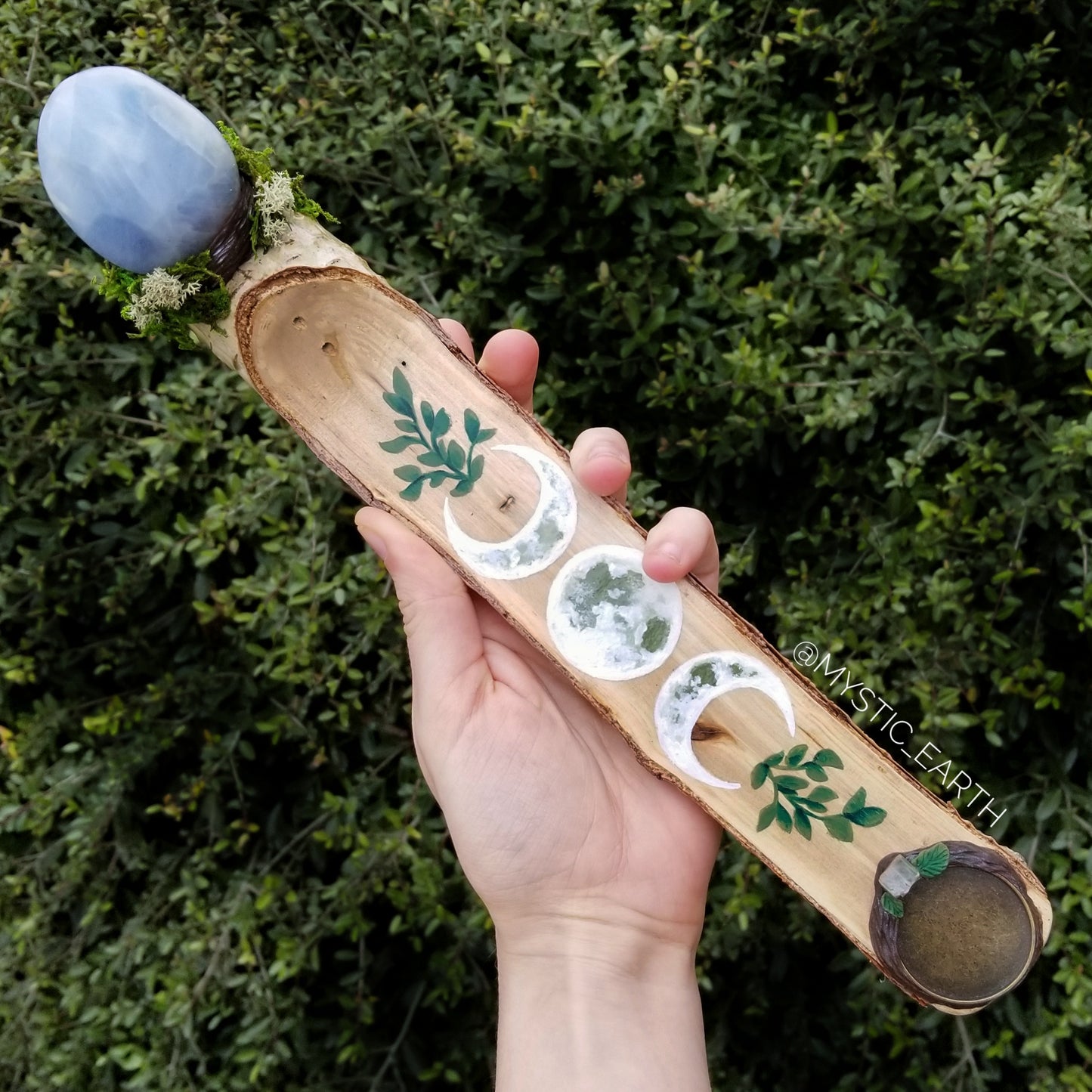 Green Lunar Witch Incense Burner with Blue Calcite and Aquamarine