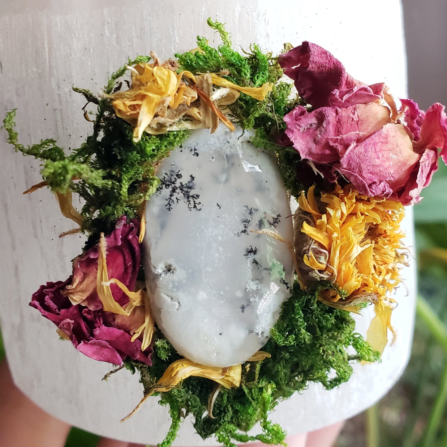 Floral Selenite Crystal Tealight Holder With Dendritic Opal