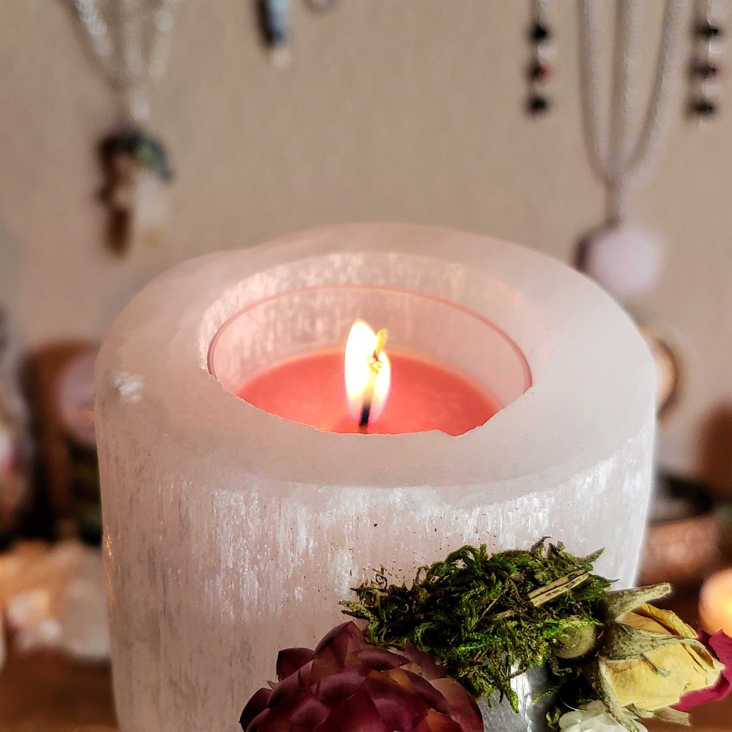 Floral Selenite Crystal Candle Holder ~ Pink Opal