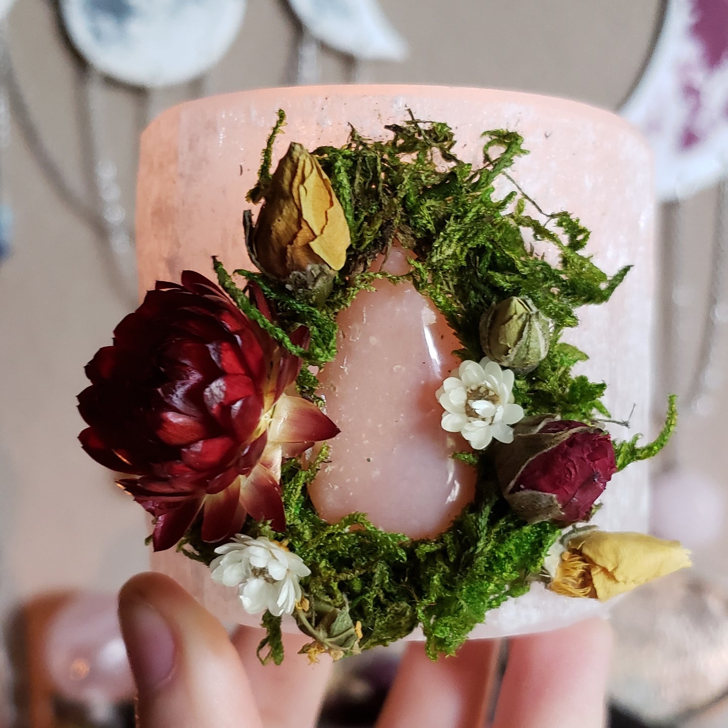 Floral Selenite Crystal Candle Holder ~ Pink Opal