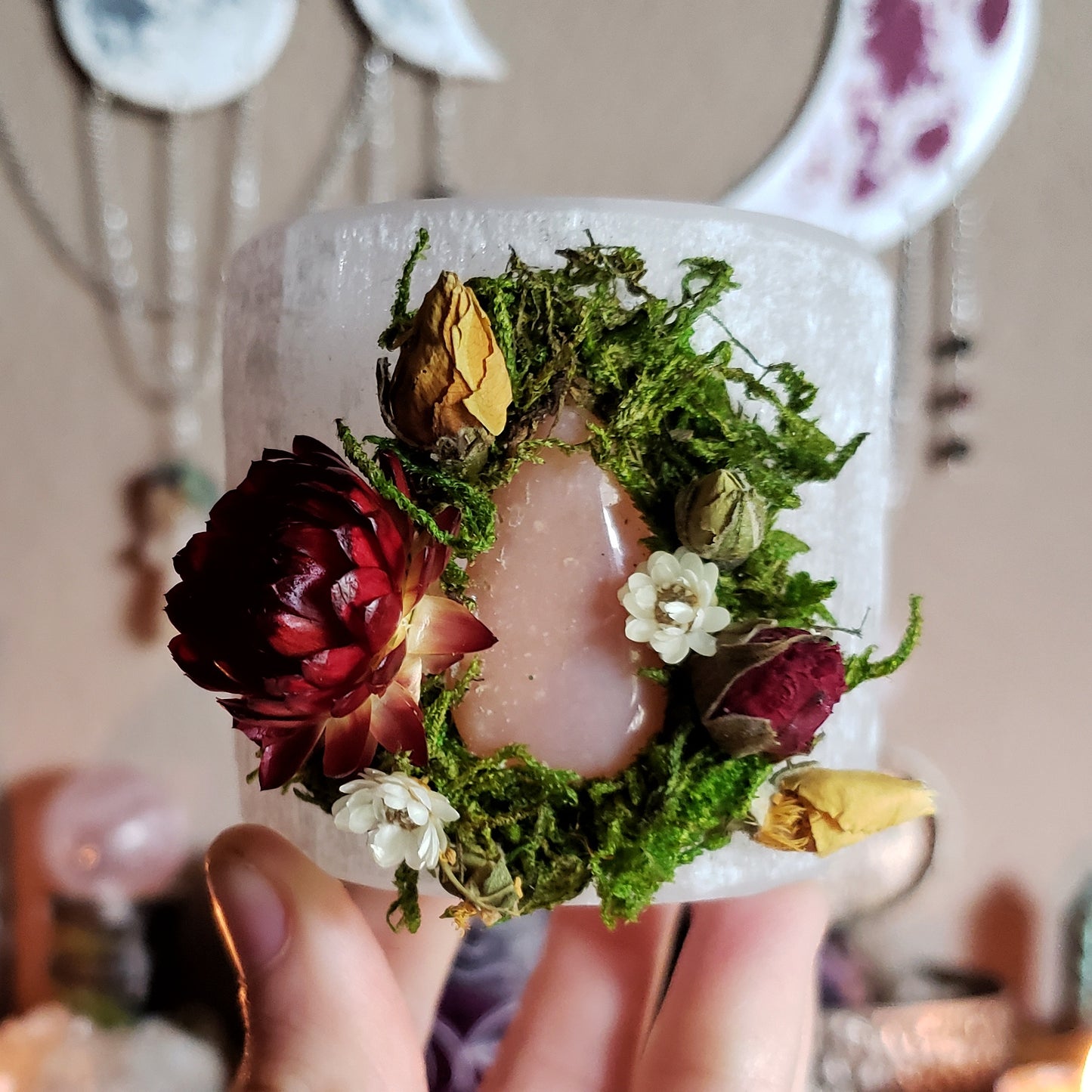 Floral Selenite Crystal Candle Holder ~ Pink Opal