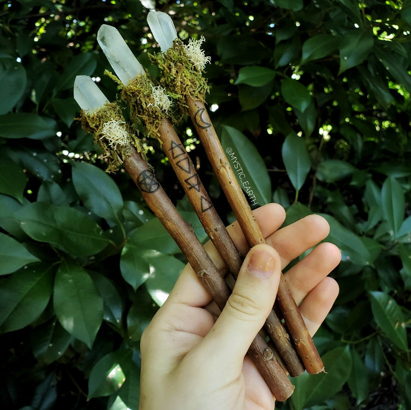 Wood Burned Crystal Apple Wood Wands: Clear or Smoky Quartz