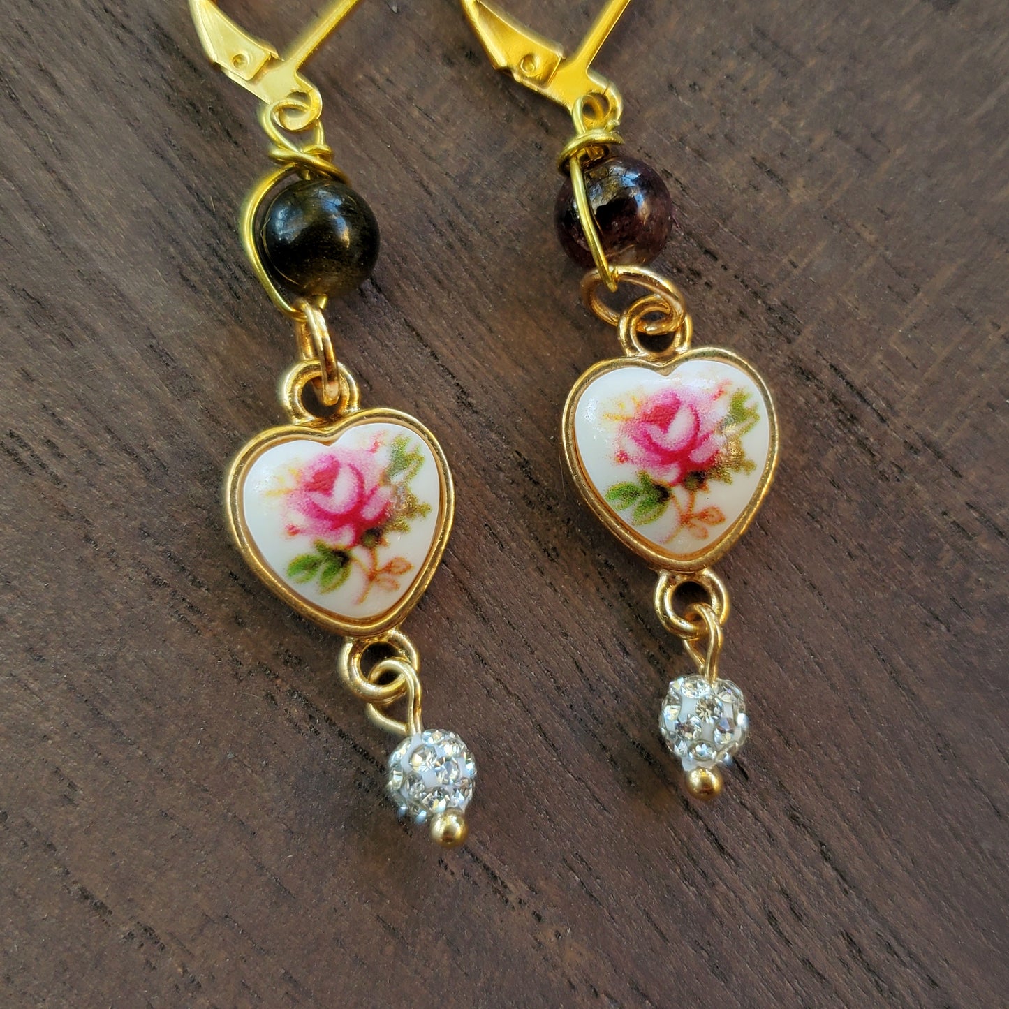 Vintage-Style Flower Heart Earrings with Tigers Eye