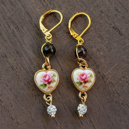 Vintage-Style Flower Heart Earrings with Tigers Eye