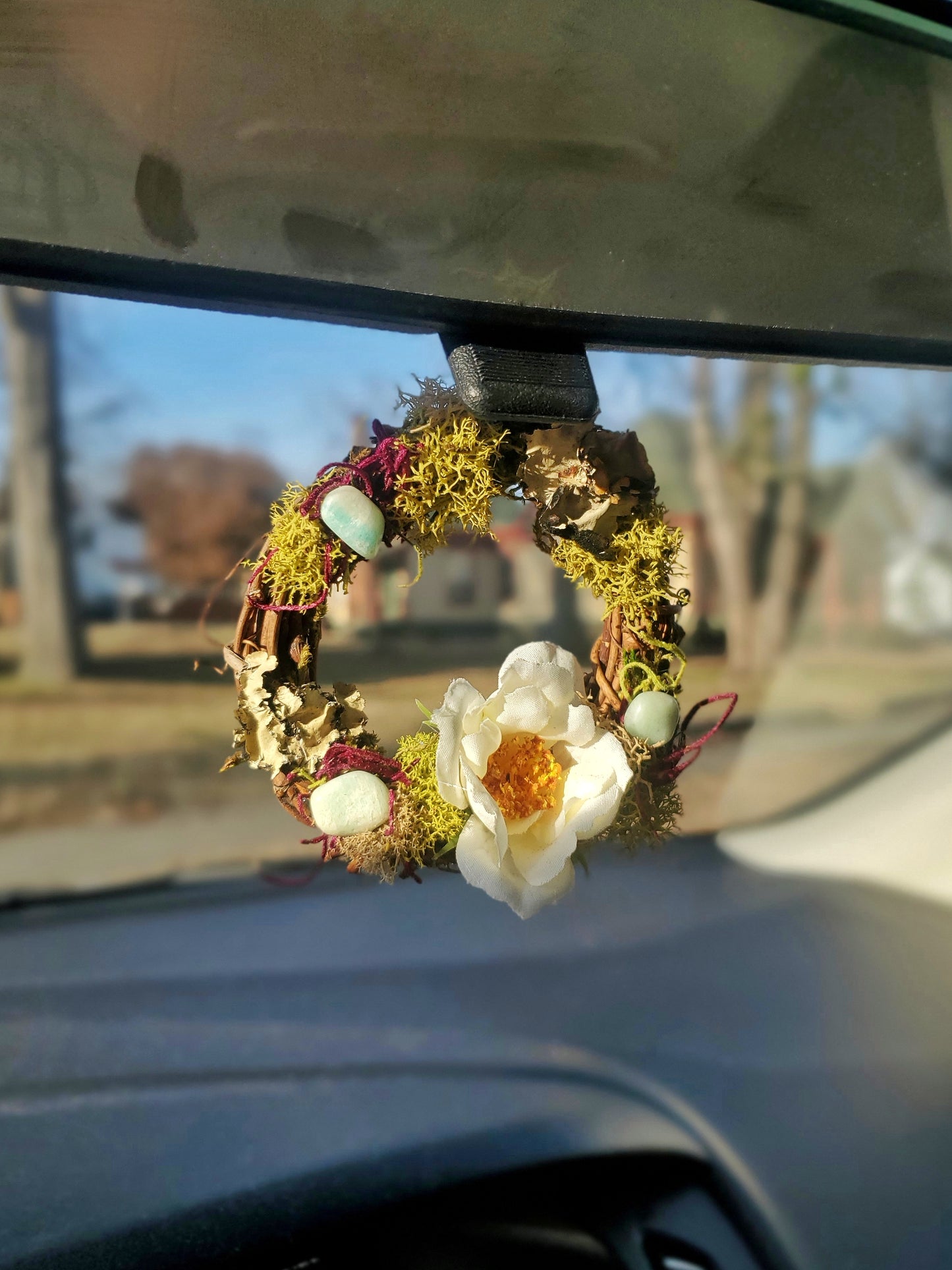 Frilly White Floral Crystal Wreaths - Car Mirror or Wall Hanging