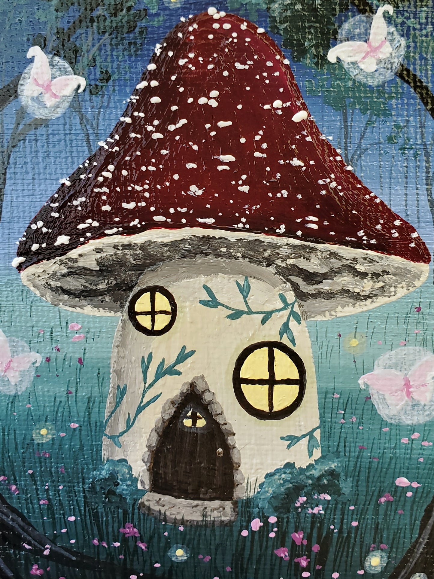 4" Mini Mushroom Fairy Cottage Painting