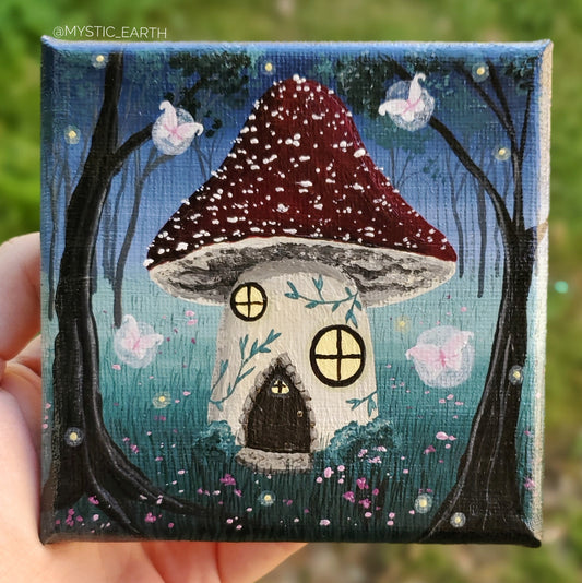 4" Mini Mushroom Fairy Cottage Painting