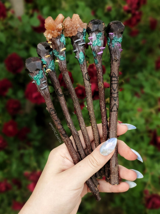 Apple Wood Garnet & Aragonite Crystal Wands