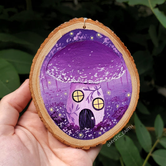 Purple Mushroom Cottage Painting on Wood
