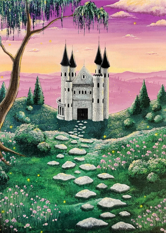 Print file. A realistic, dreamy mountain landscape at sunset showing a view of a castel. A stepping stone path leads down the first mountain to the castel in the second. The mountains are covered in flowers, bushes, and fireflies. A Weeping willow cascades over the castel on the left hand side. The background is a purple and orange sunset with more mountains showing deep into the distance. The painting has a nostalgic fairytale feeling. 