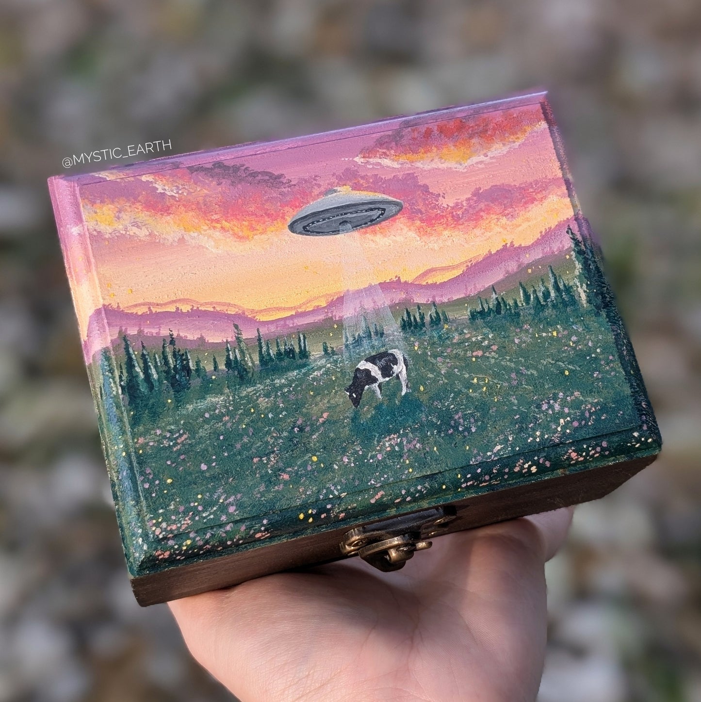 Cow Abduction Wood Trinket Box