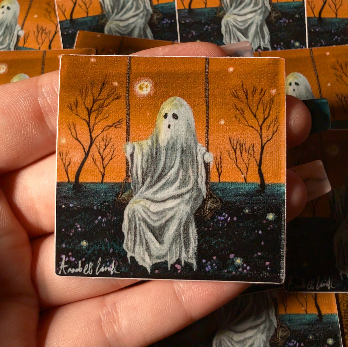 Pack of 25: 2" Fall Halloween Ghost on a Swing Stickers