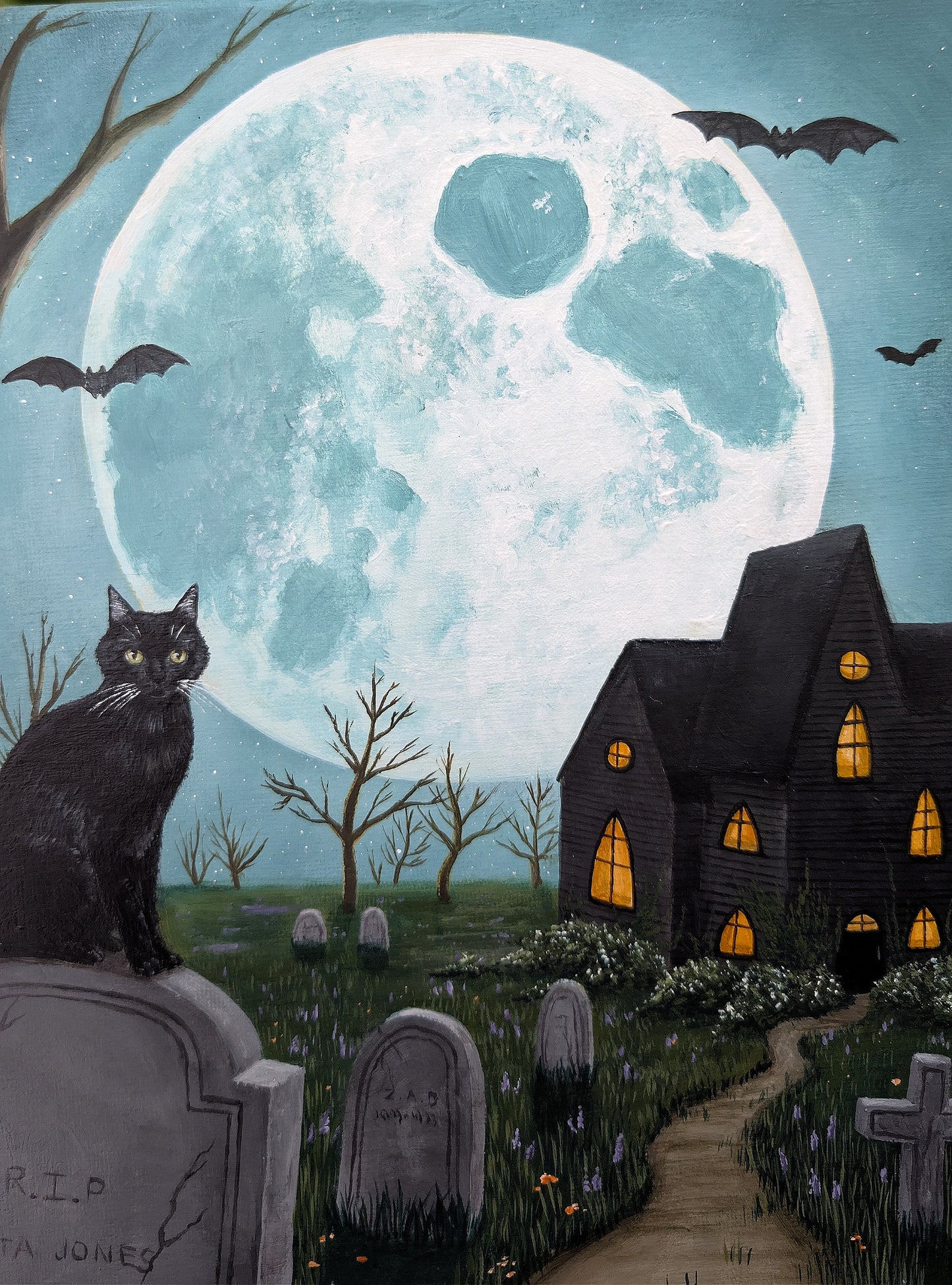 Black Cat Cemetery 12"x12" Painting