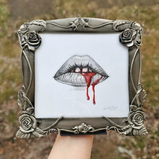 Bleeding Lips Drawing in Vintage Frame
