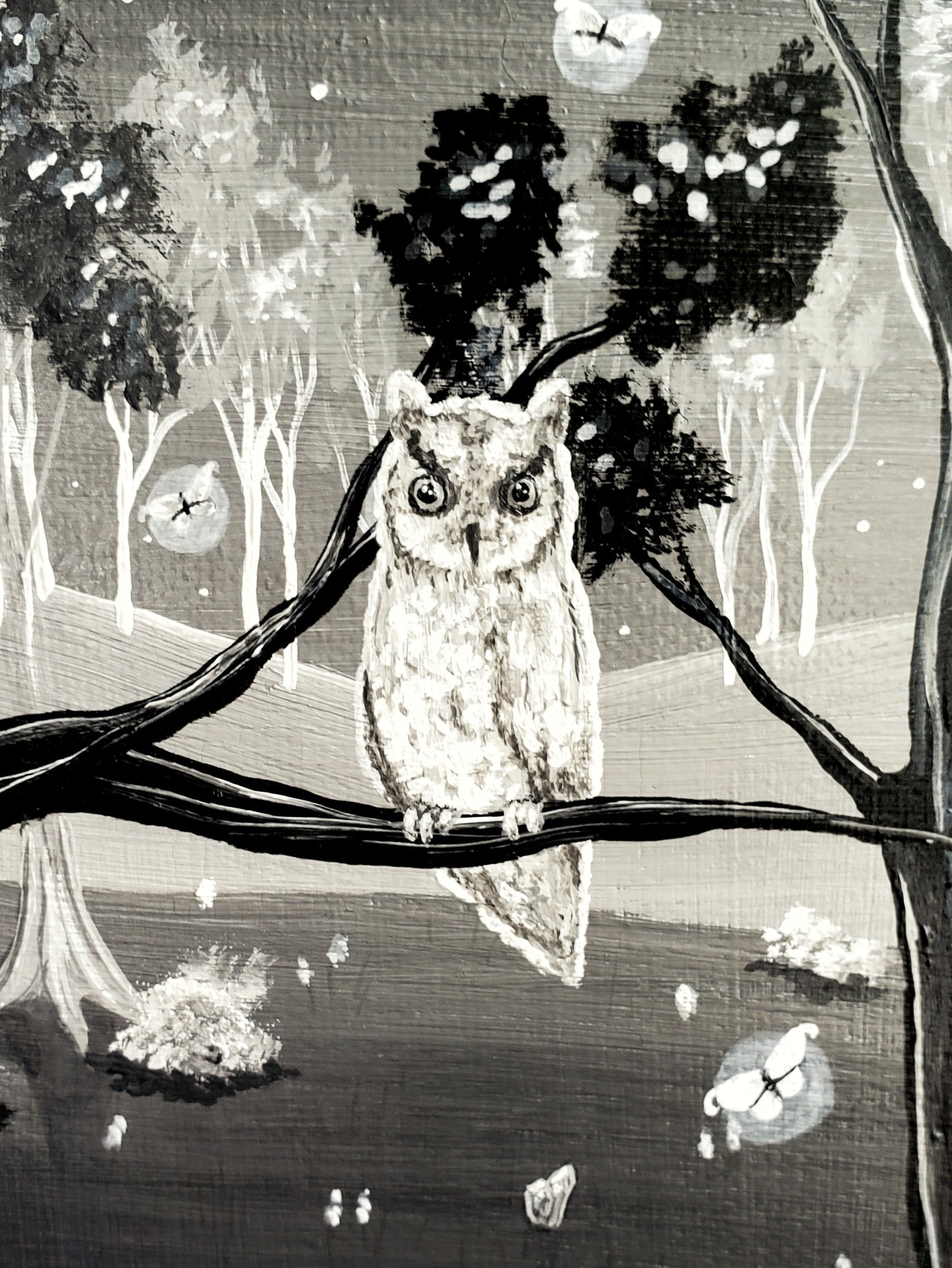 Grayscale Owl Fairy Forest Painting