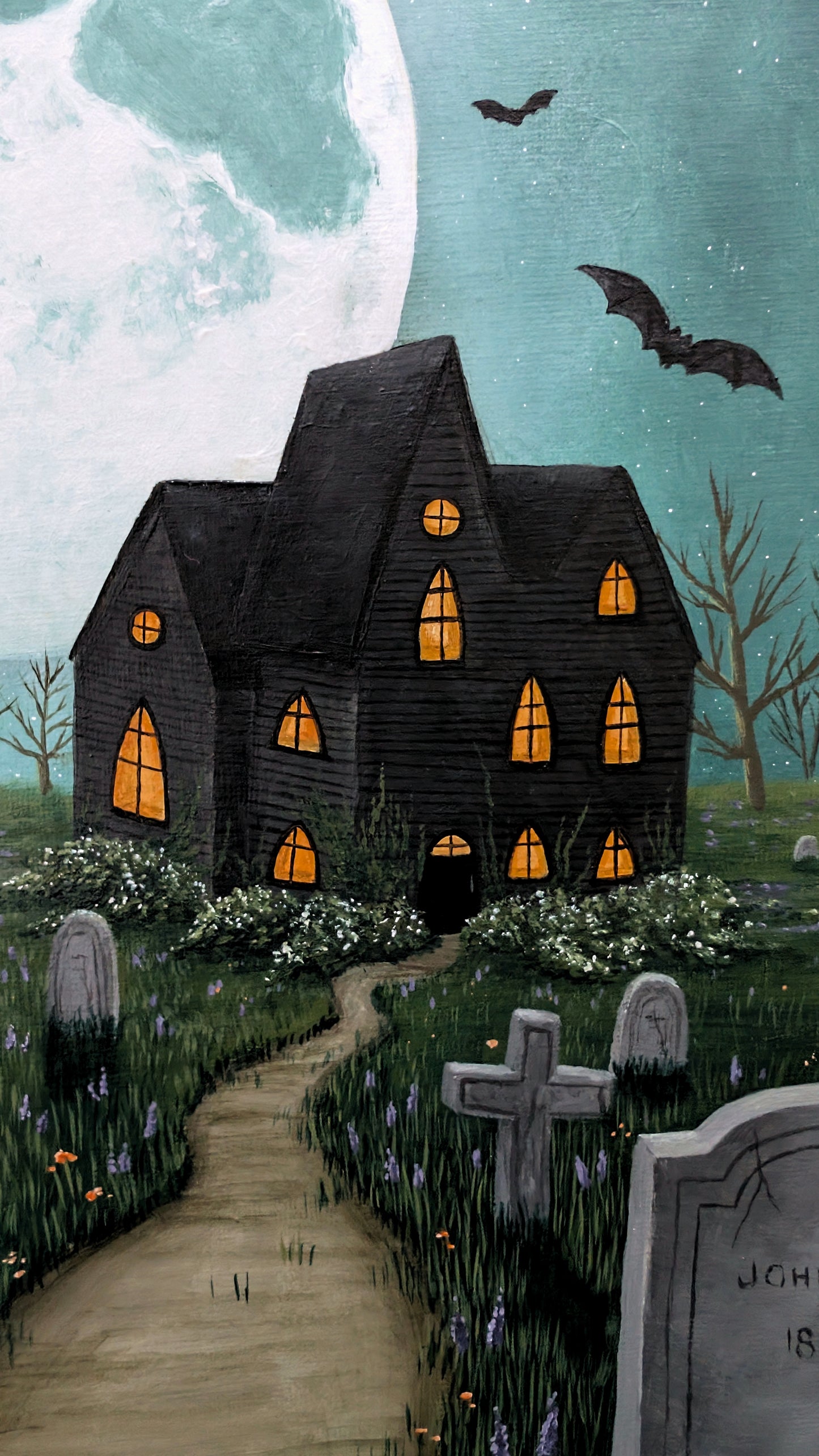 Black Cat Cemetery 12"x12" Painting