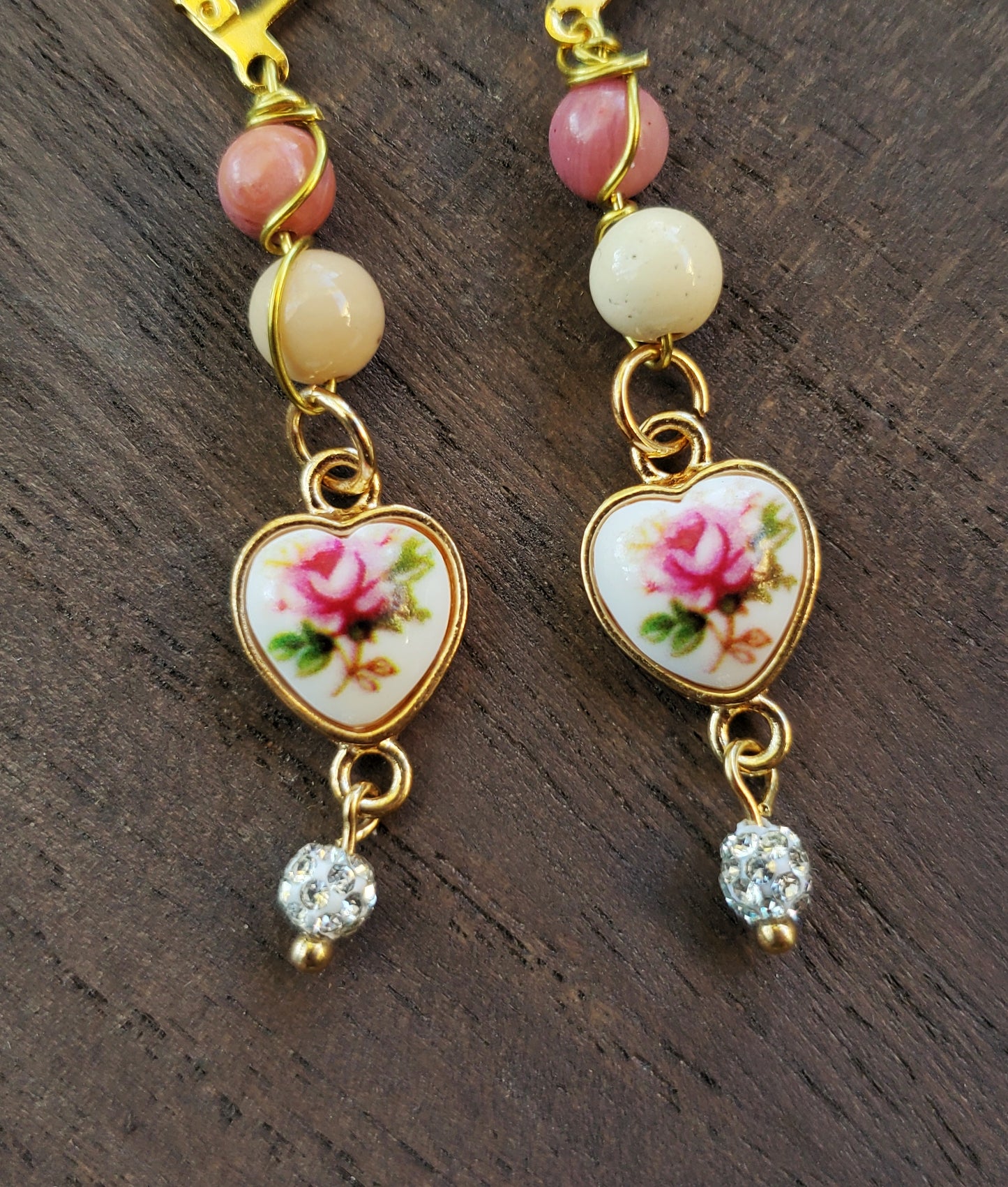 Flower Heart Earrings with Rhodonite and Jasper