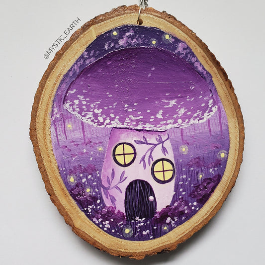 Purple Mushroom Cottage Painting on Wood