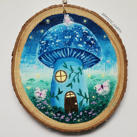 Blue Mushroom Cottage Painting on Wood