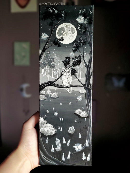 Grayscale Owl Fairy Forest Painting