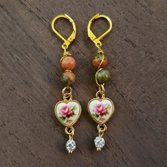 Vintage-Style Flower Heart Earrings with Unakite
