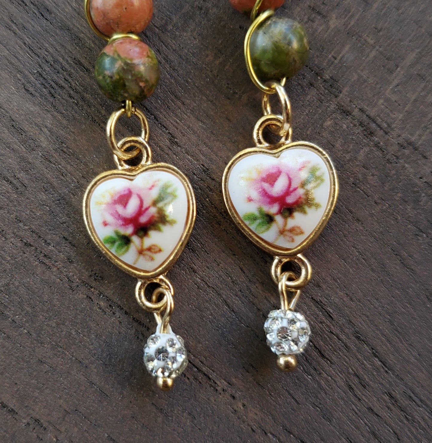 Vintage-Style Flower Heart Earrings with Unakite