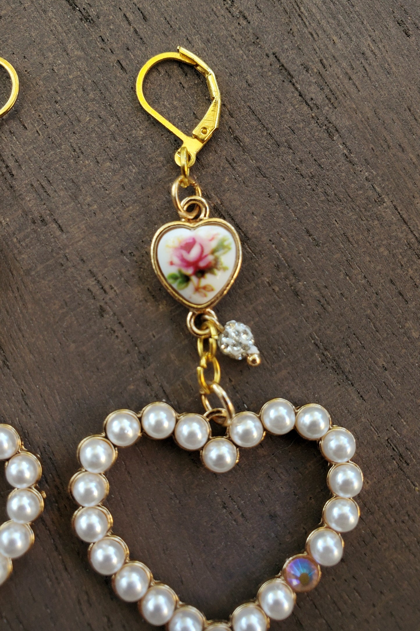 Faux Pearl Heart Earrings with Vintage Flowers