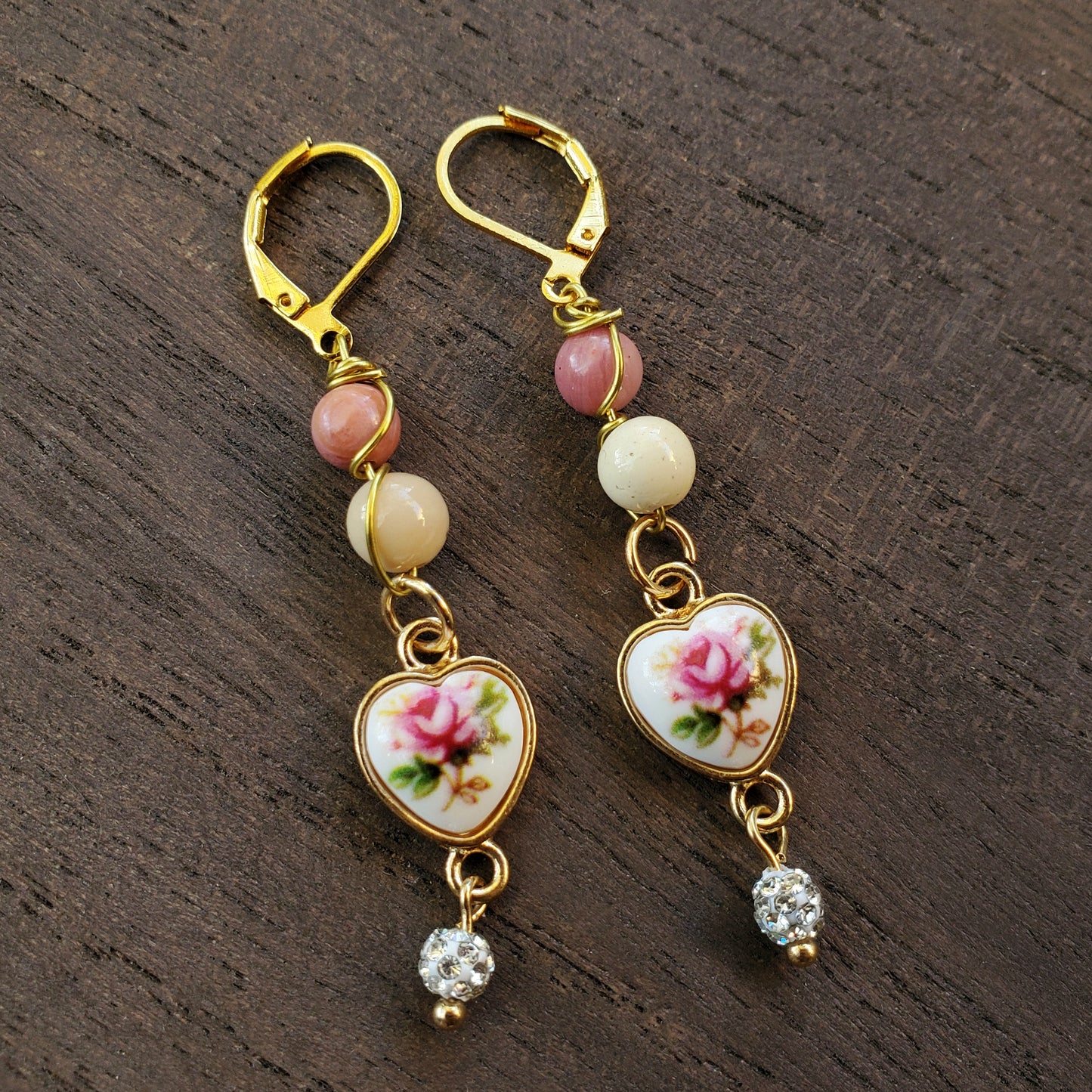 Flower Heart Earrings with Rhodonite and Jasper
