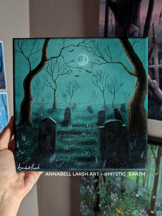 Moonlit Cemetery  8"x8" Painting