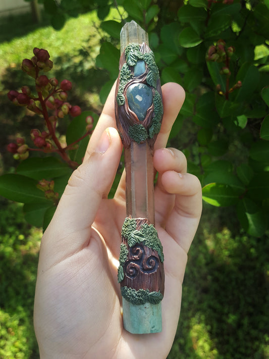 Triskele Wand with Citrine, Labradorite, Bloodstone, Smokey Quartz, and Amazonite Crystals