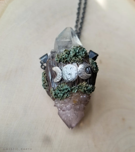 Moon Goddess Necklace with Apophyllite and Amethyst Spirit Quartz