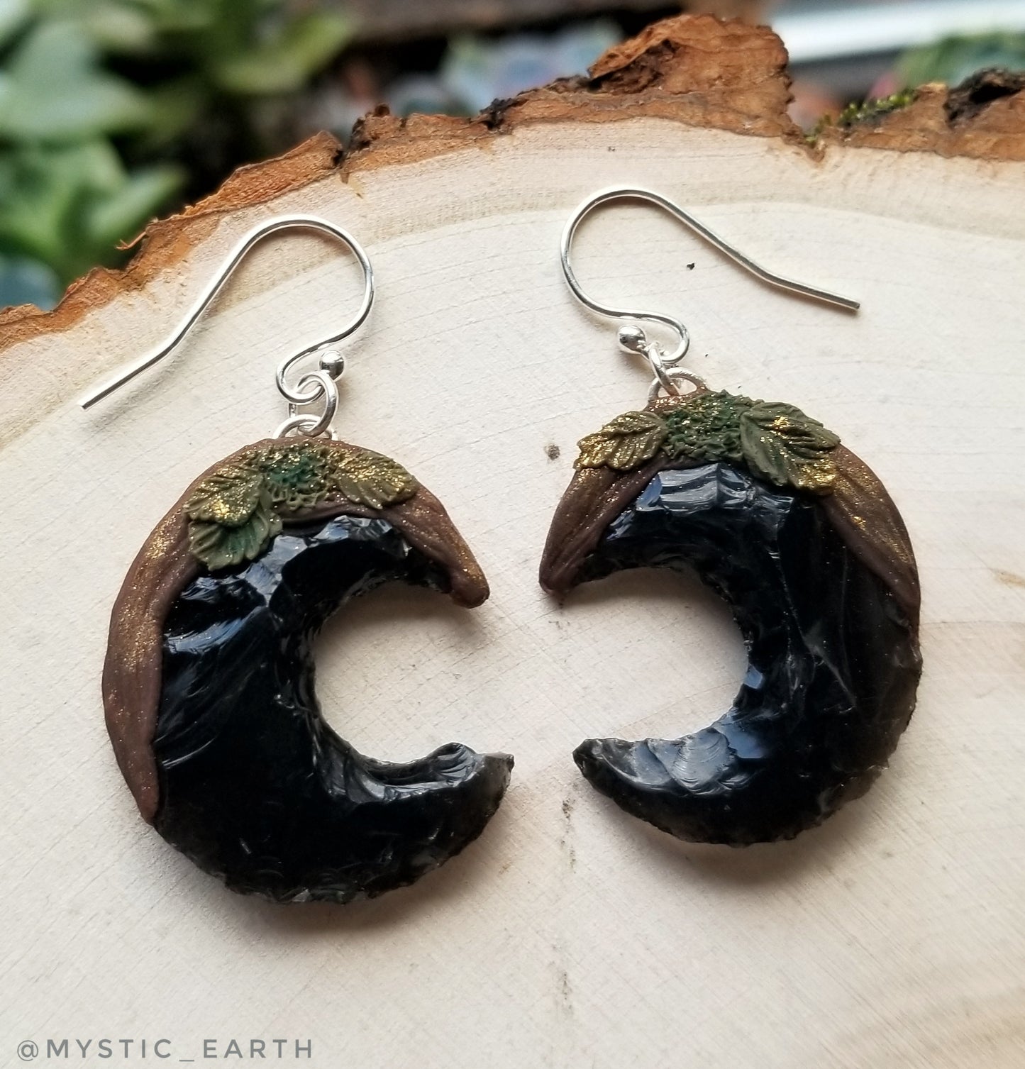 Earthy Obsidian Moon Earrings in Gold on Black 925 Silver