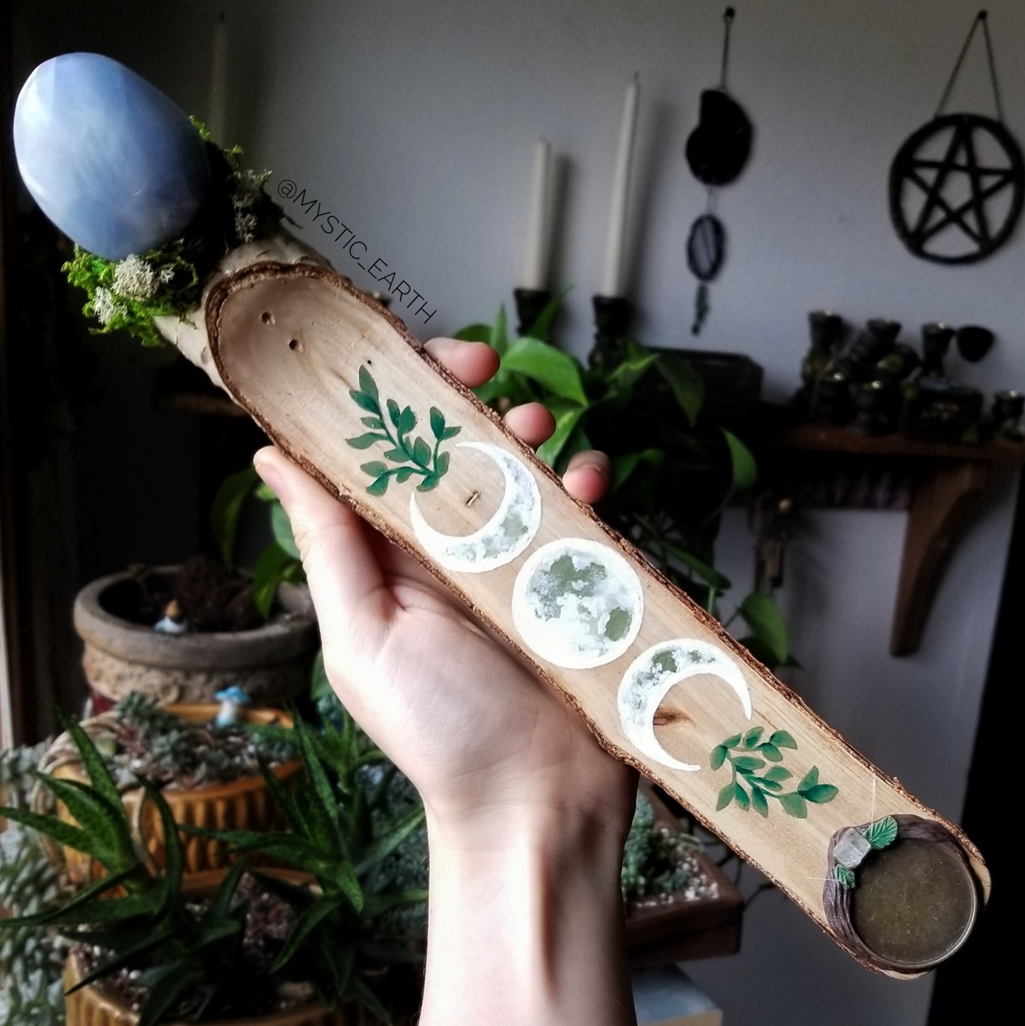Green Lunar Witch Incense Burner with Blue Calcite and Aquamarine
