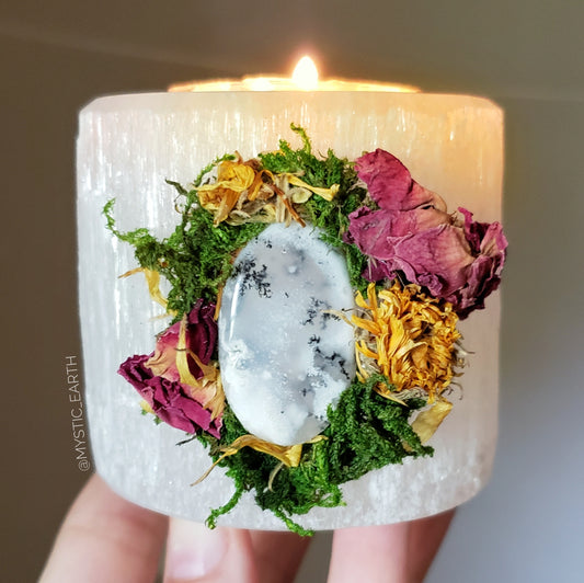 Floral Selenite Crystal Tealight Holder With Dendritic Opal