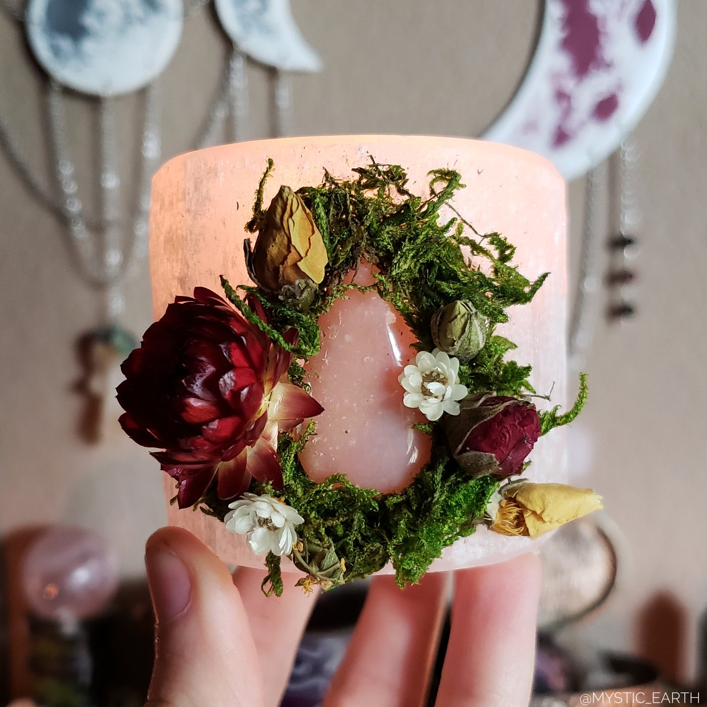 Floral Selenite Crystal Candle Holder ~ Pink Opal