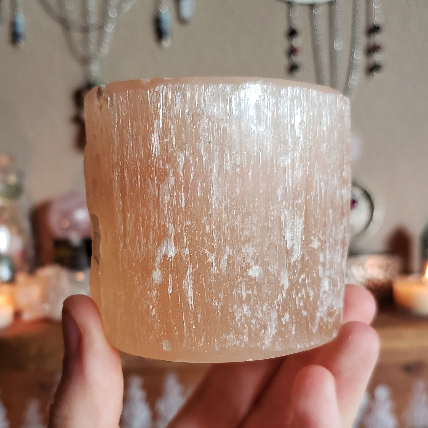 Floral Peach Selenite Crystal Candle Holder ~ Dendritic Opal