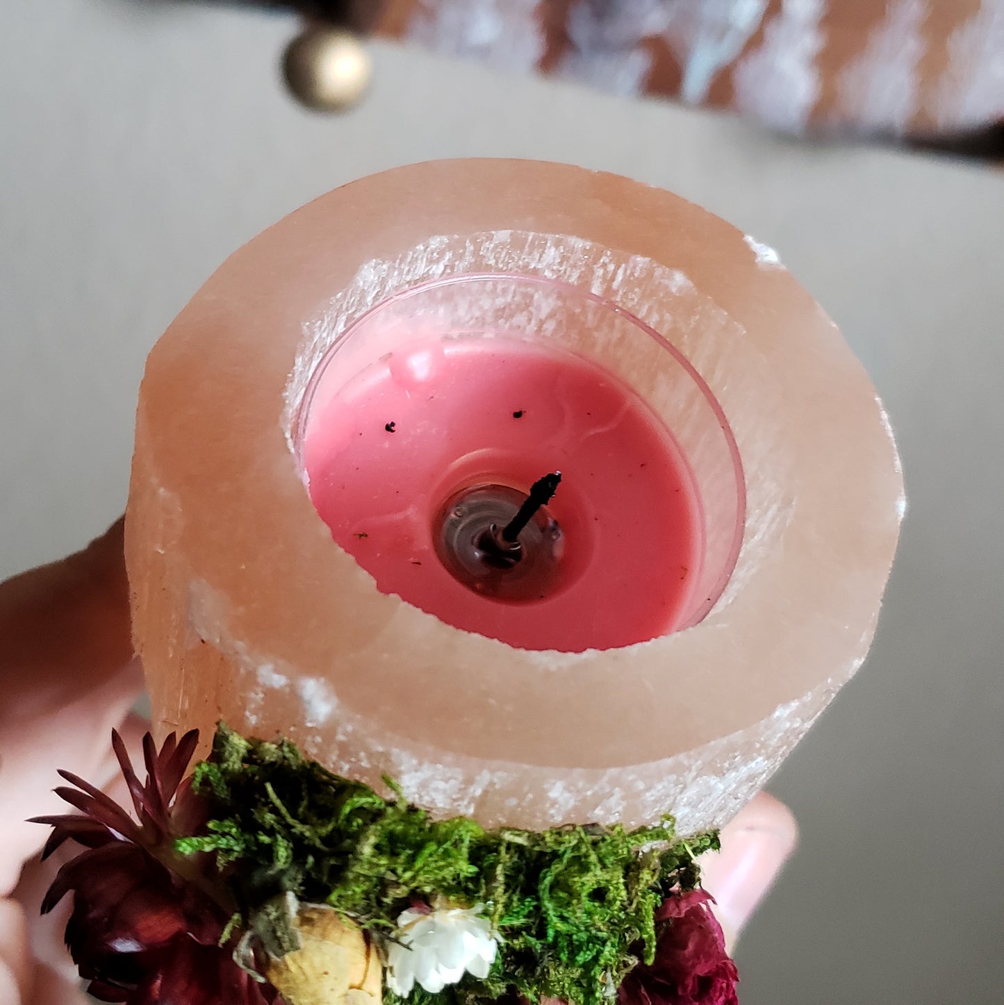 Floral Peach Selenite Crystal Candle Holder ~ Dendritic Opal