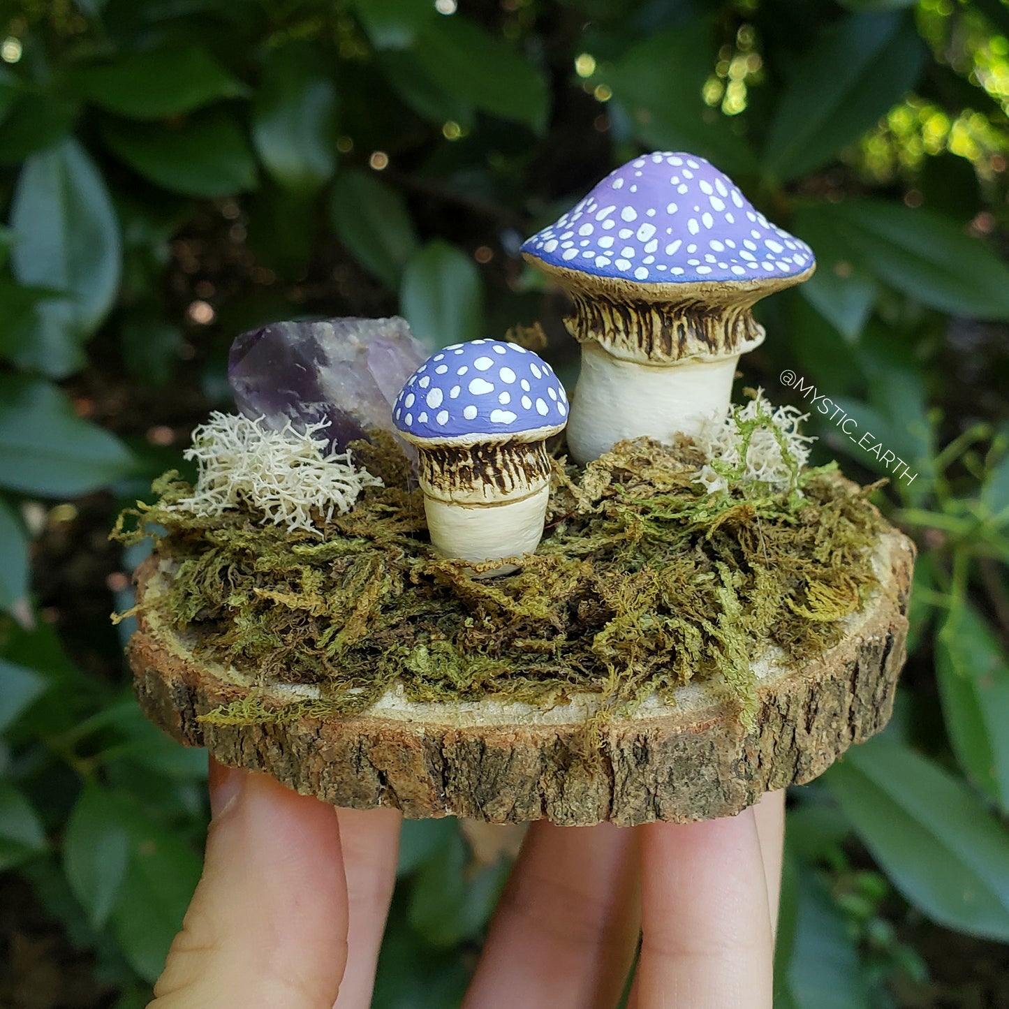 Purple Amanita Mushroom Garden with Amethyst