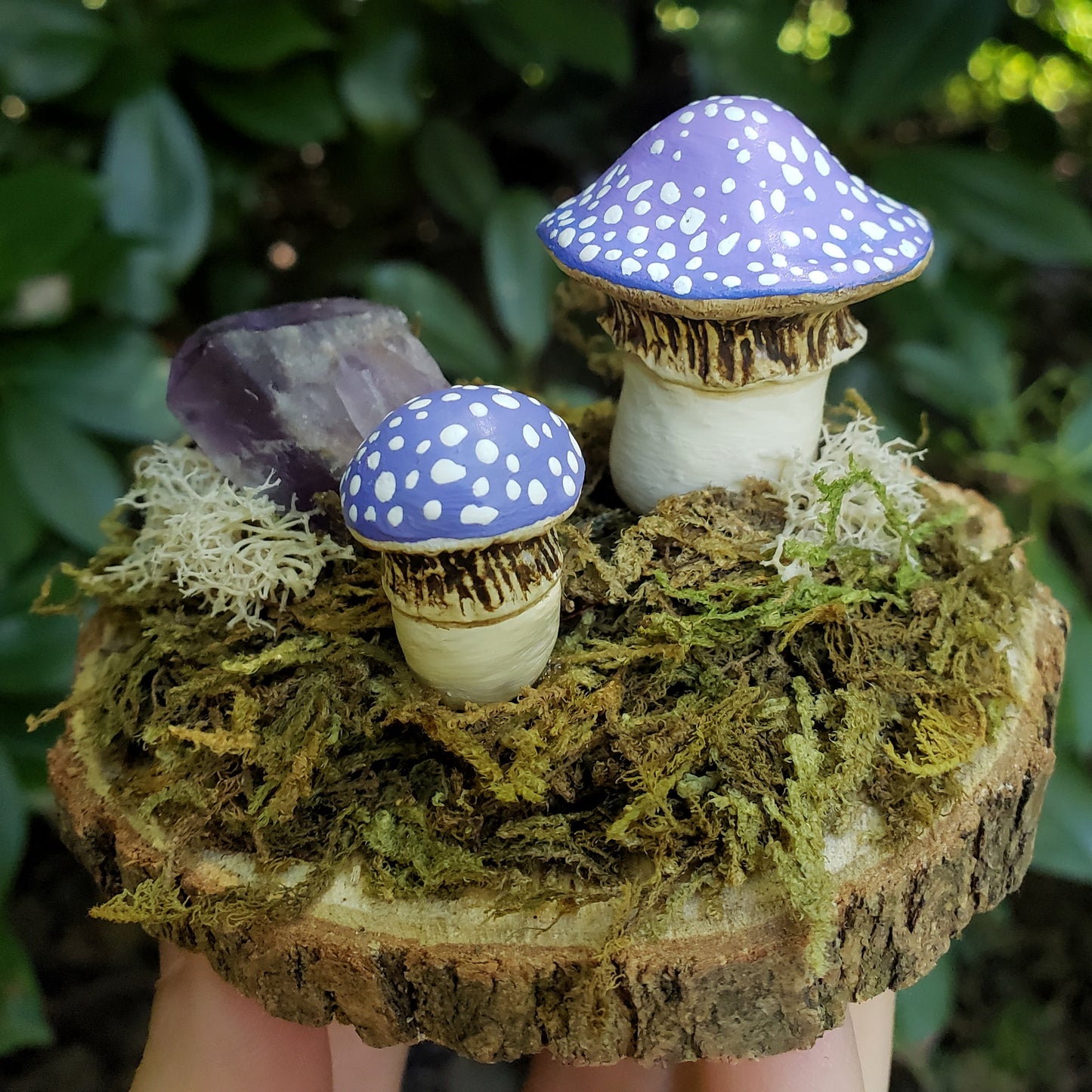 Purple Amanita Mushroom Garden with Amethyst