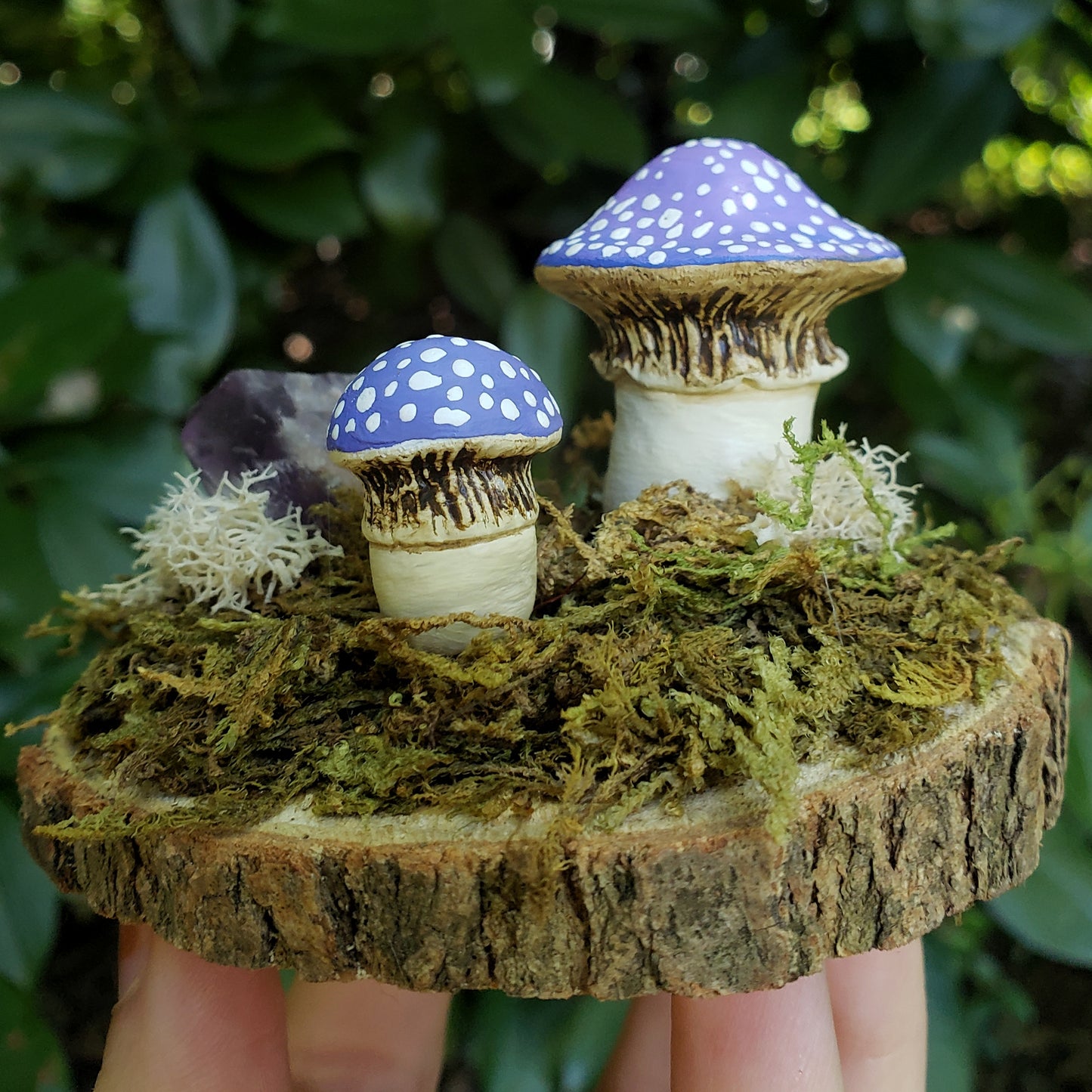 Purple Amanita Mushroom Garden with Amethyst