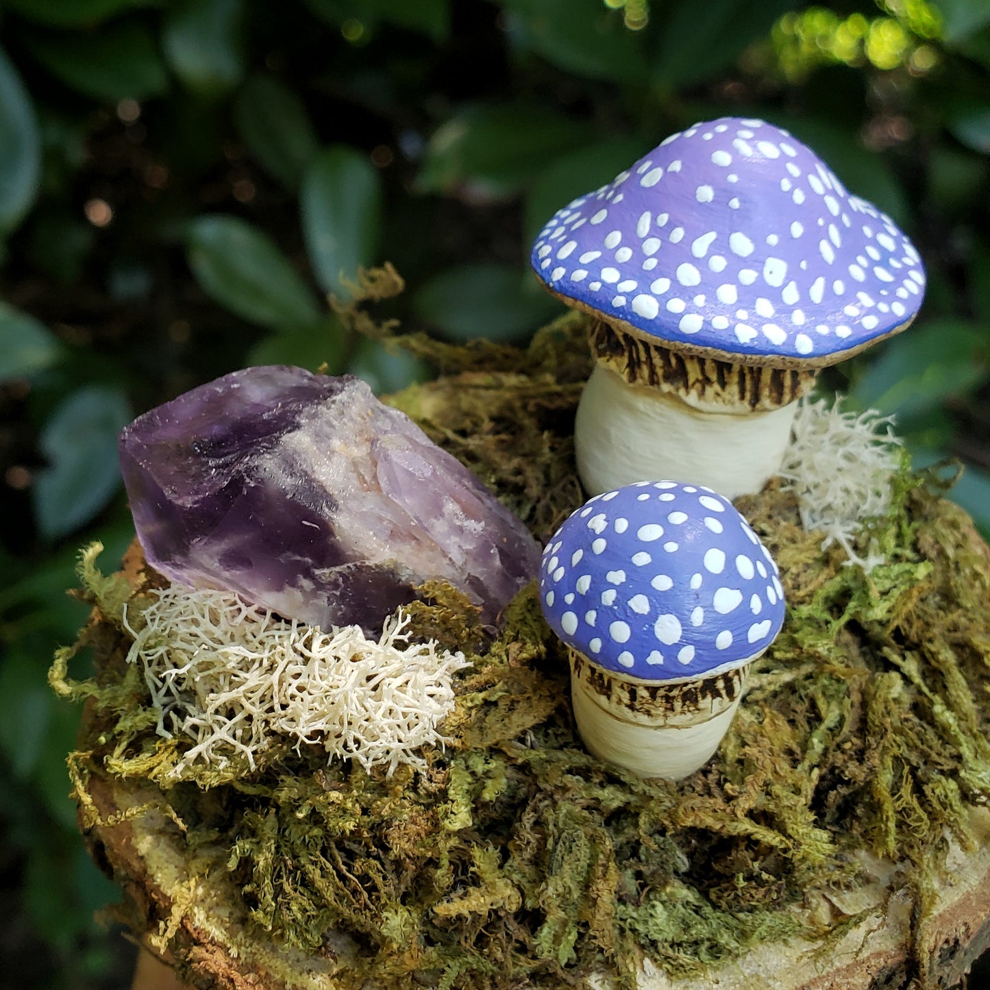 Purple Amanita Mushroom Garden with Amethyst