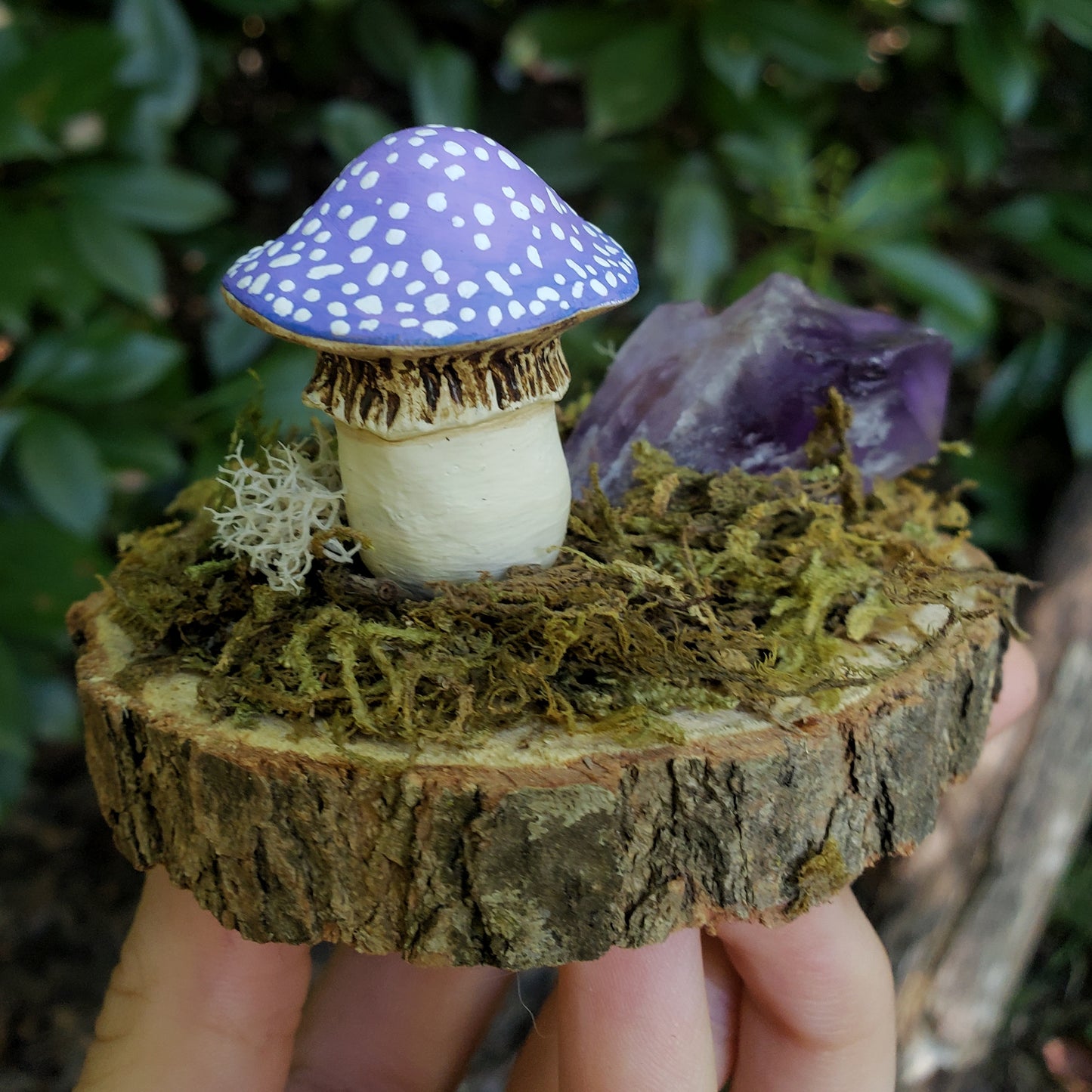 Purple Amanita Mushroom Garden with Amethyst