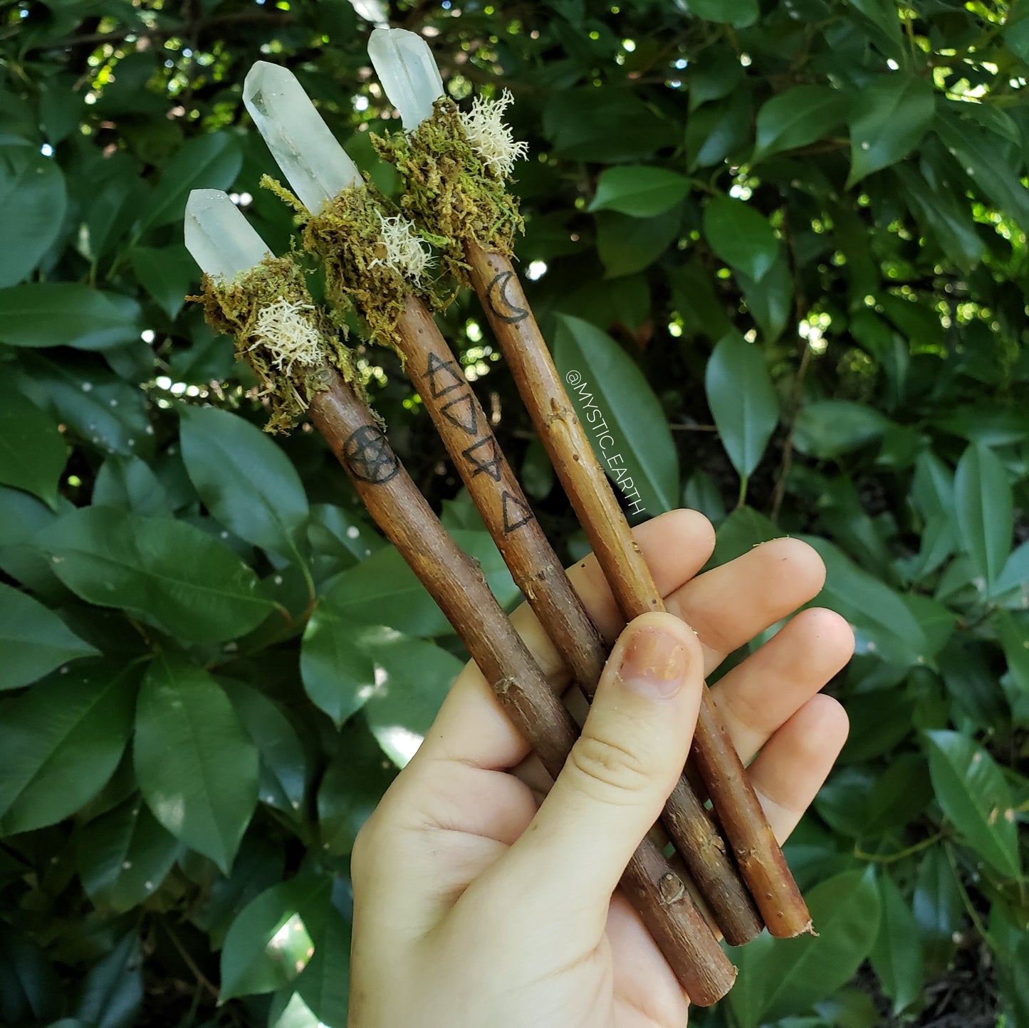 Wood Burned Crystal Apple Wood Wands: Clear or Smoky Quartz