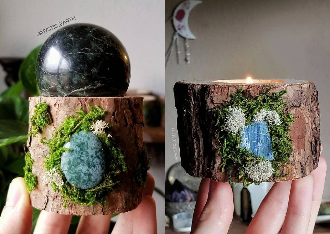 Wooden Tree Stump Tealight Holder: Blue Apatite 1