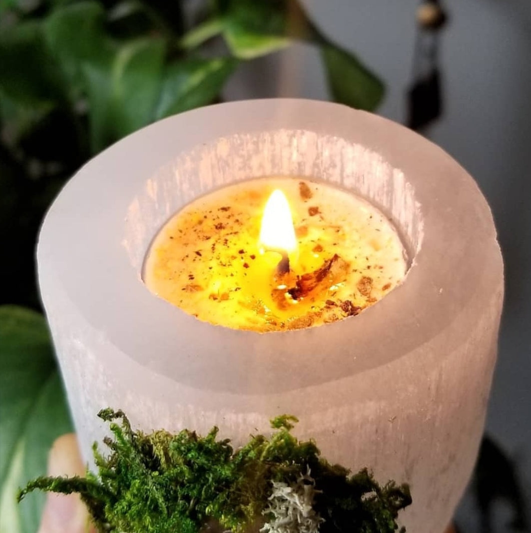 Floral Selenite Crystal Tealight Holder With Dendritic Opal
